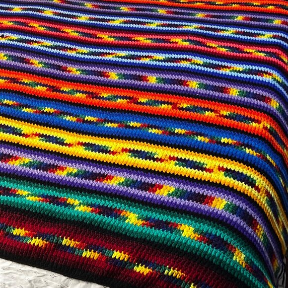 VTG Handmade Crochet Rainbow Striped Blanket Vibrant Multicolor 70x100in - Picture 1 of 16